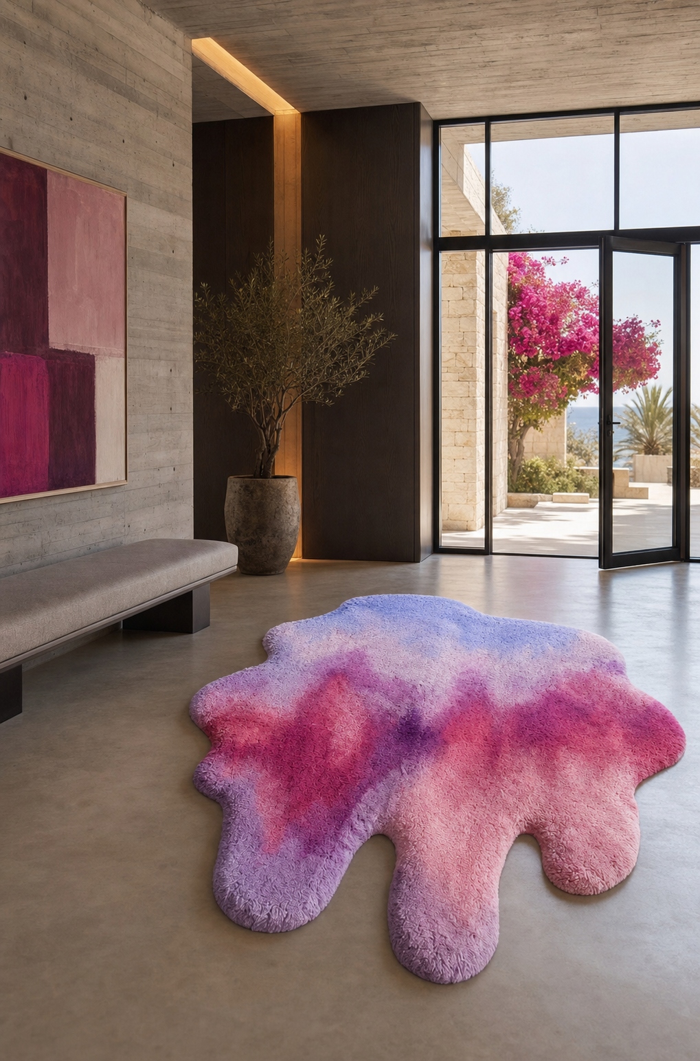Coastal Dream by Jan Fechner from the Liquid Mountains collection. Pink and lilac floor piece inside a concrete villa overlooking the Mediterranean.